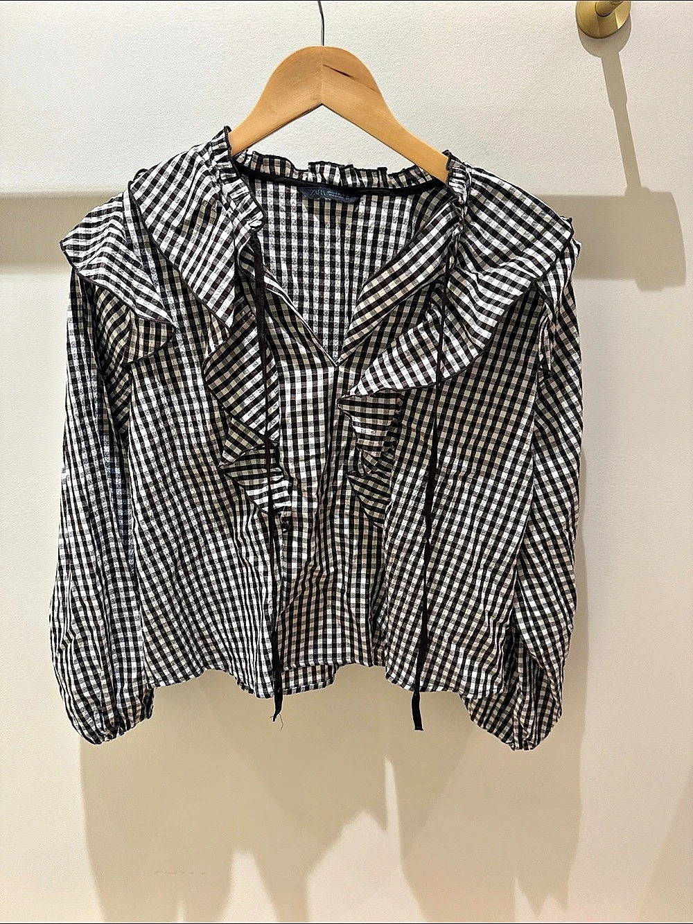 ZARA Brown and White Gingham Ruffle Collar Blouse Gingham Ruffle Collar Blouse